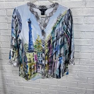 Ali Miles‎ Cityscape Button Up Top Womens Petite PM Artsy Lagenlook Maximalist